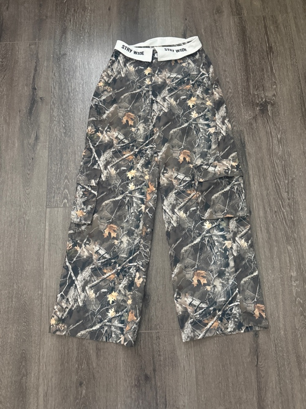 SHEIN Green Brown Woodland Camo Pants with White Brand Tag